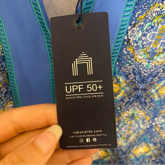New Cabana Life Shift Dress Blue Yellow SPF 50 V Neck Resort Vacation Large Boho - Picture 6 of 10